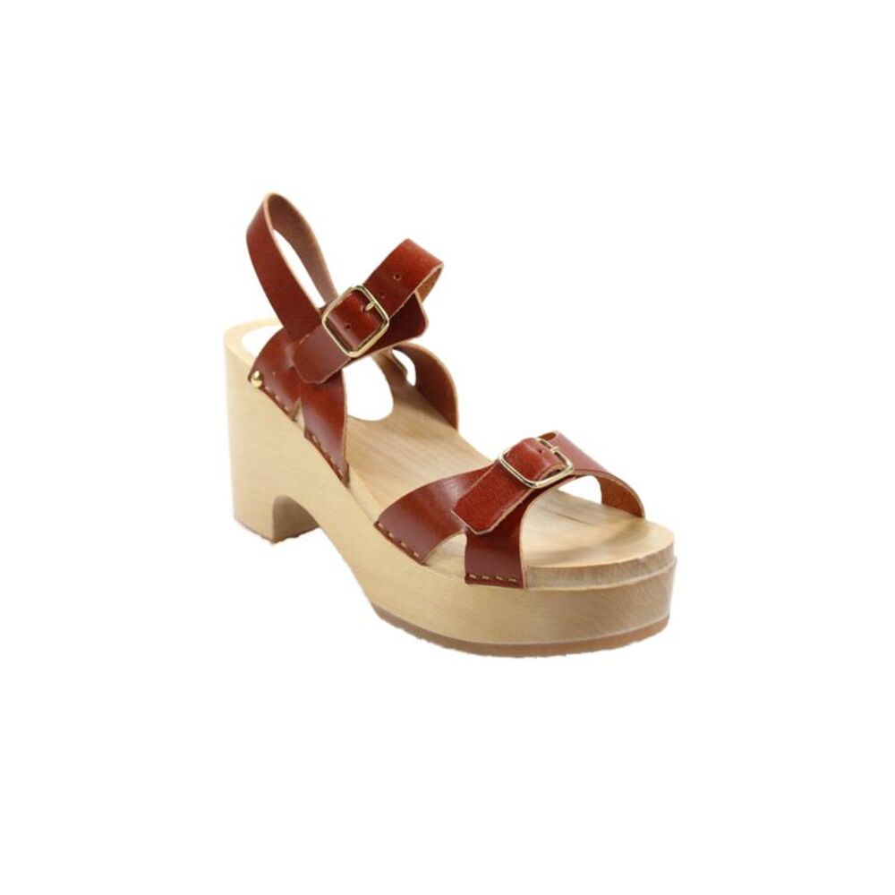 Youyou Womens Leather YRIS Buckled Ankle Strap Platform Sandals Caramel Size 7